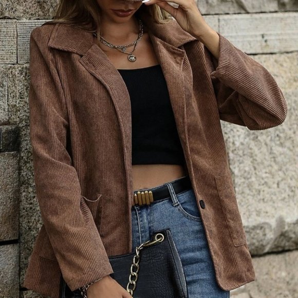 boho pactch pocket button front corduroy jacket coat casual streetwear brown - Picture 2 of 6